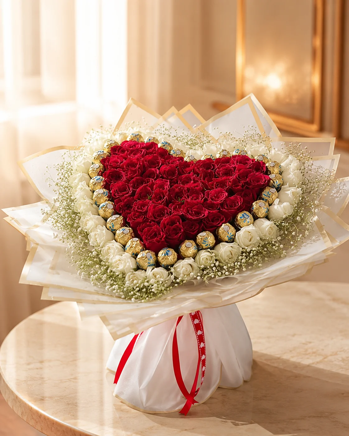 Luxury Heart-Shaped Red Rose & Chocolate Bouquet with White Roses